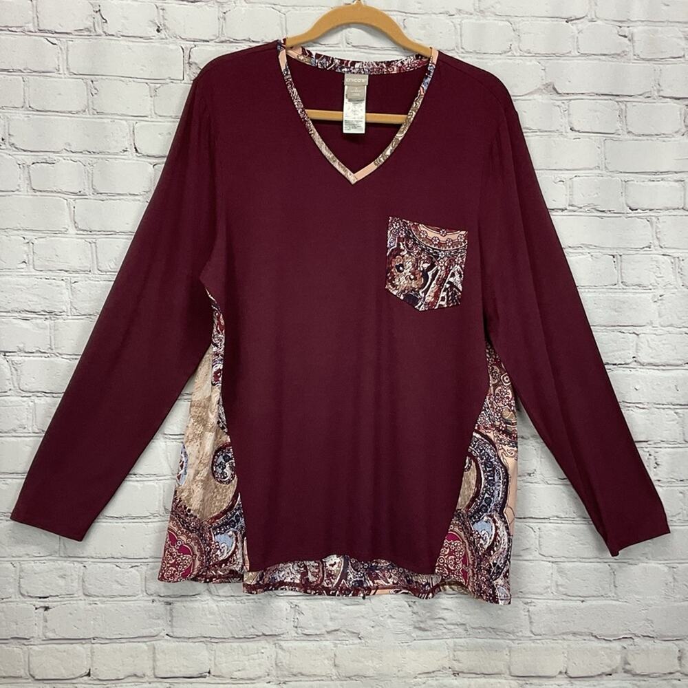 Chico's Tunic Top Womens Size 3 (US XL) Burgundy Floral Paisley Mixed Media Boho